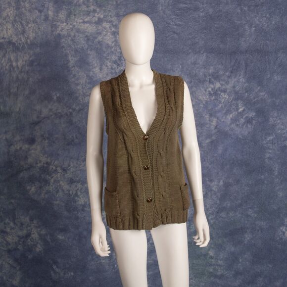 VTG Cable Knit Sweater Vest Olive Green Button Up Pockets Sz S - Picture 1 of 3